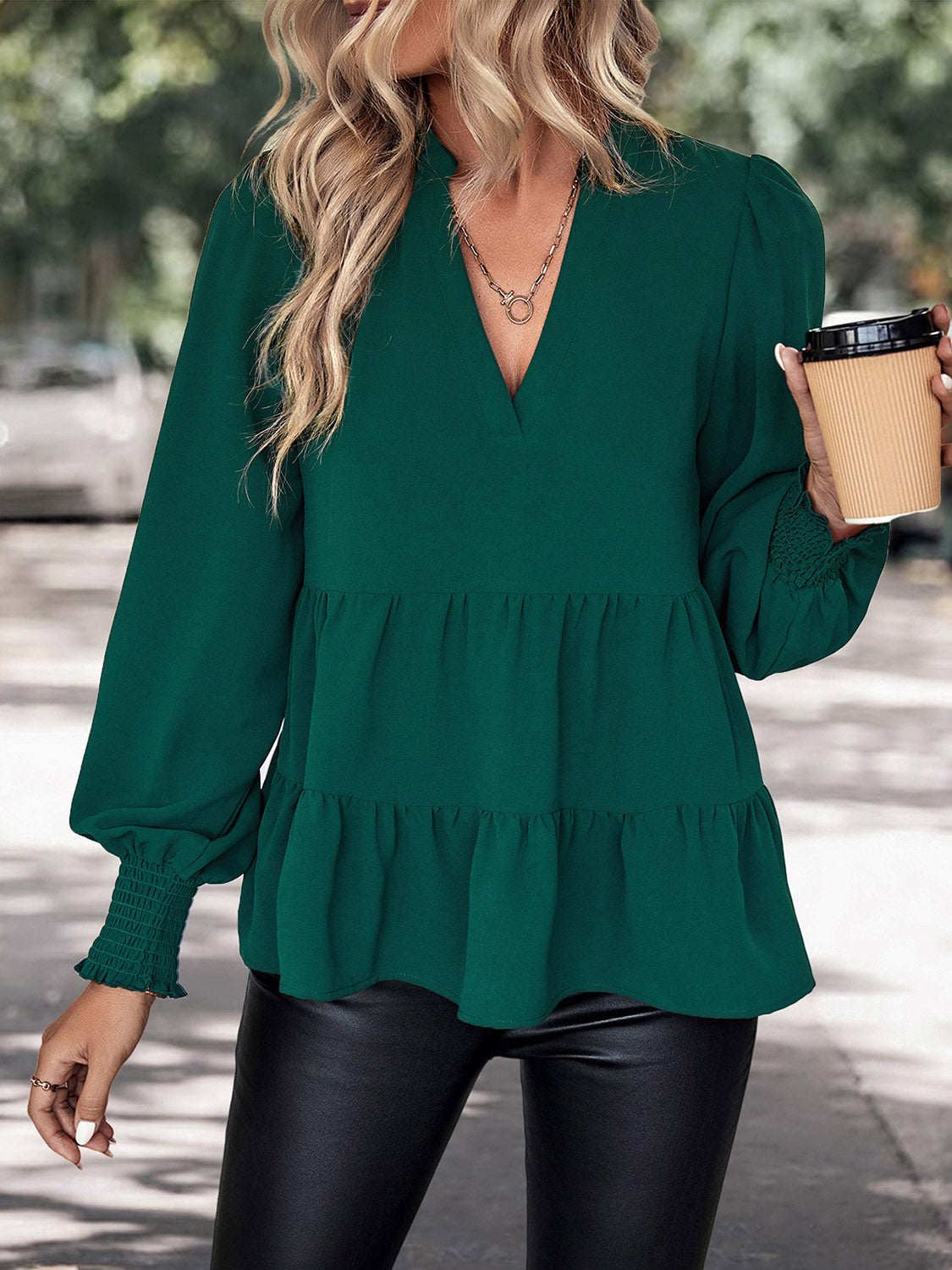 Perfee Notched Neck Lantern Sleeve Blouse – Trendsi | ClozArt