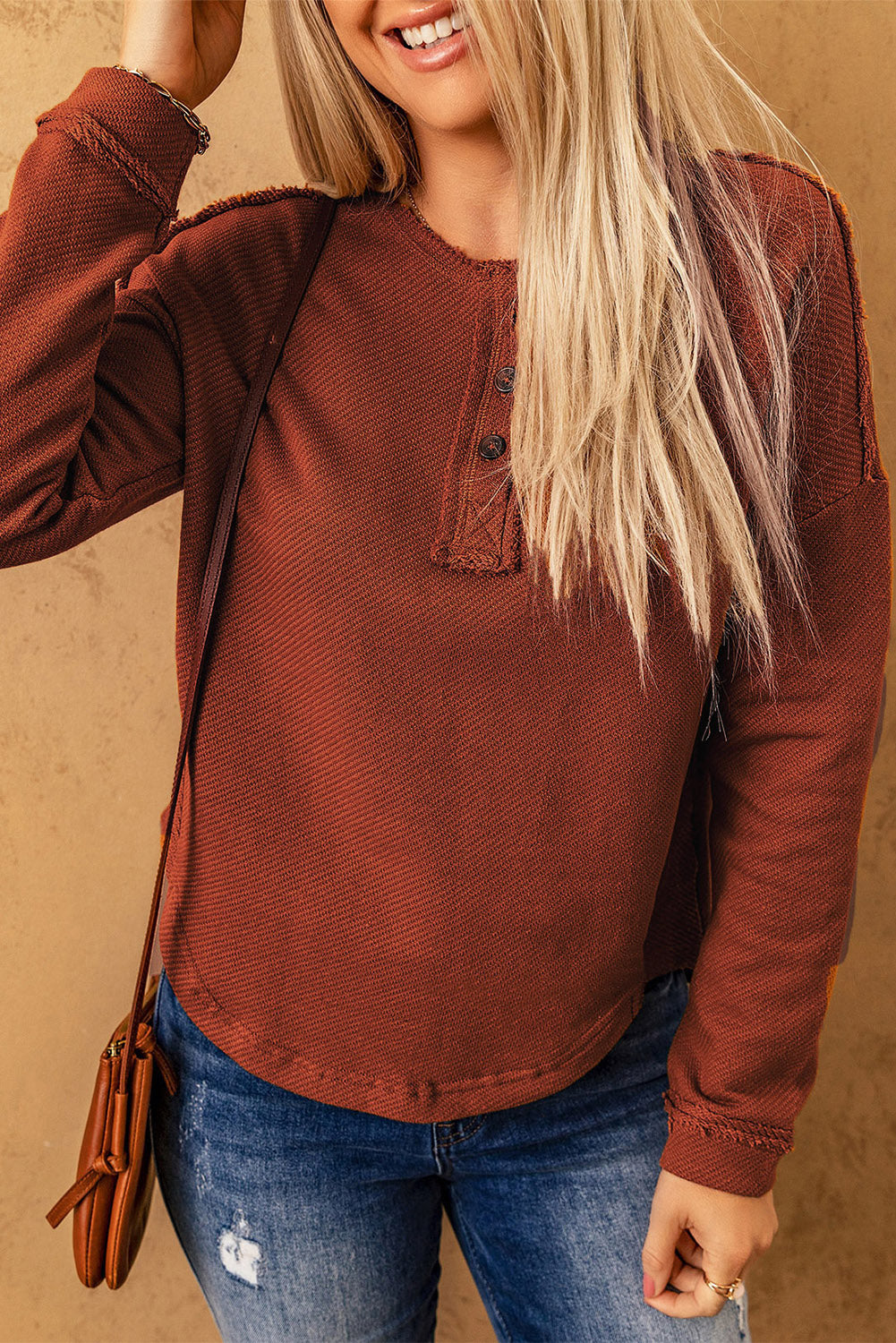 Exposed Seams Round Neck Long Sleeve Blouse – Trendsi | ClozArt