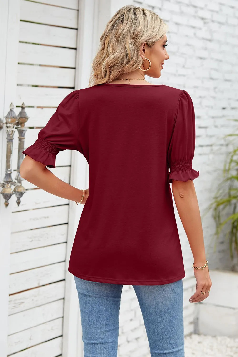 Smocked Square Neck Short Sleeve T-Shirt – Trendsi | ClozArt