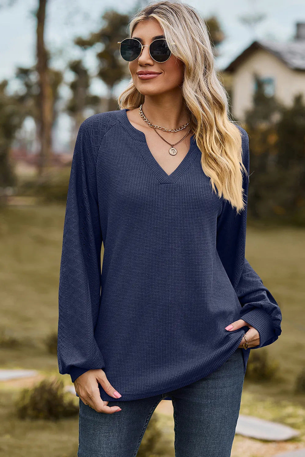 Eyelet Notched Raglan Sleeve T-Shirt – Trendsi | ClozArt
