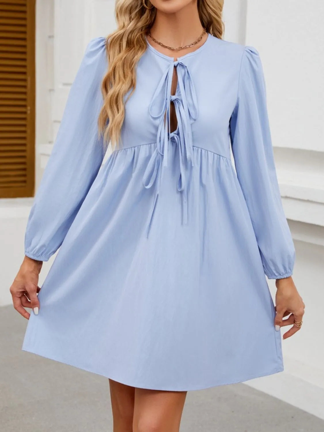 Tie Front Long Sleeve Mini Dress – Trendsi | ClozArt
