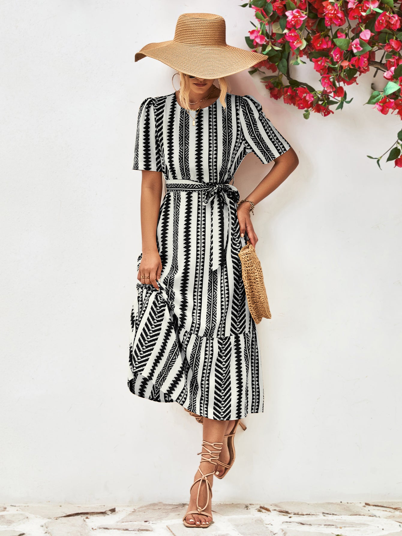 Striped Tie Belt Round Neck Puff Sleeve Dress – Trendsi | ClozArt
