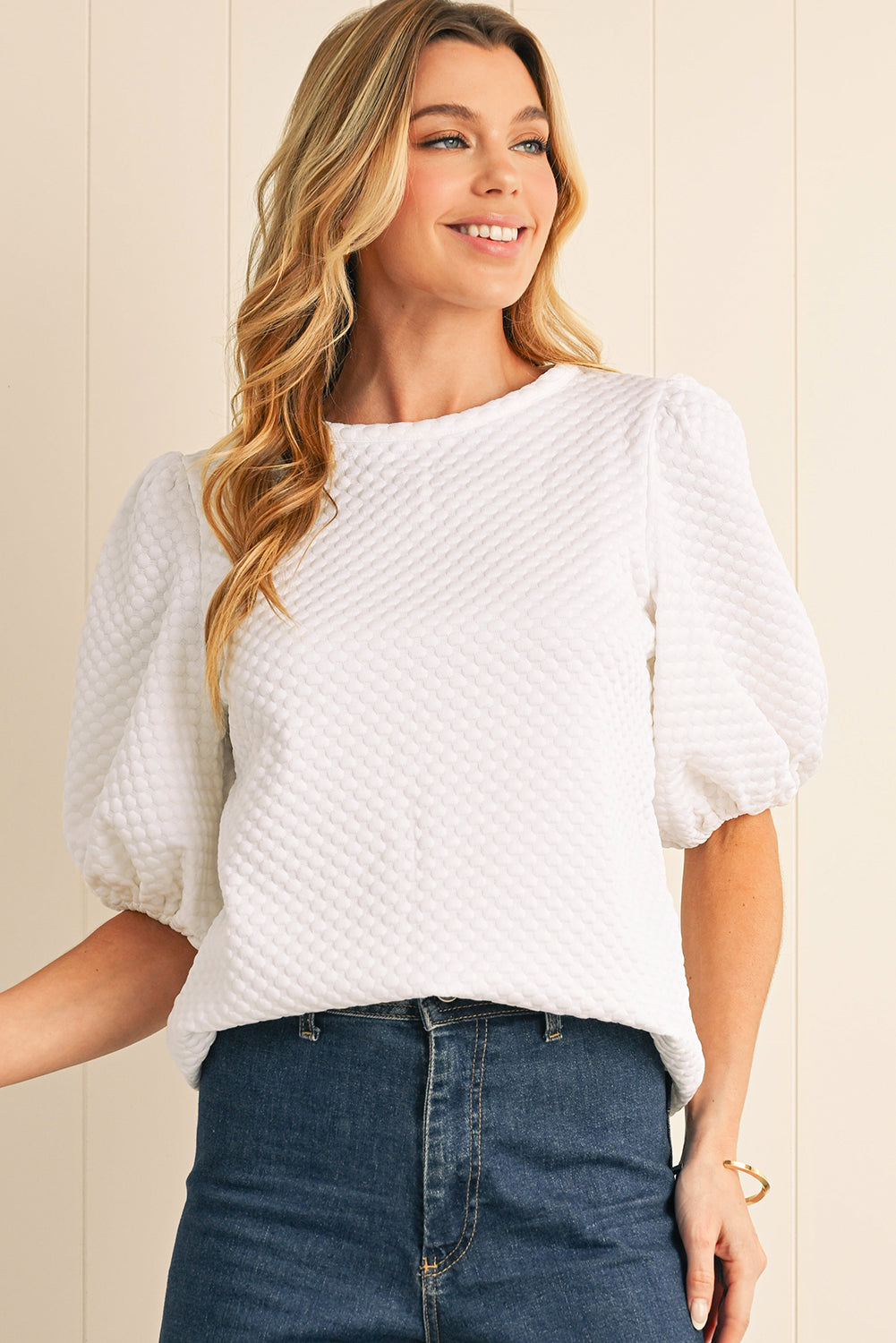 White Solid Textured O Neck Puff Sleeve Blouse – Shewin | ClozArt