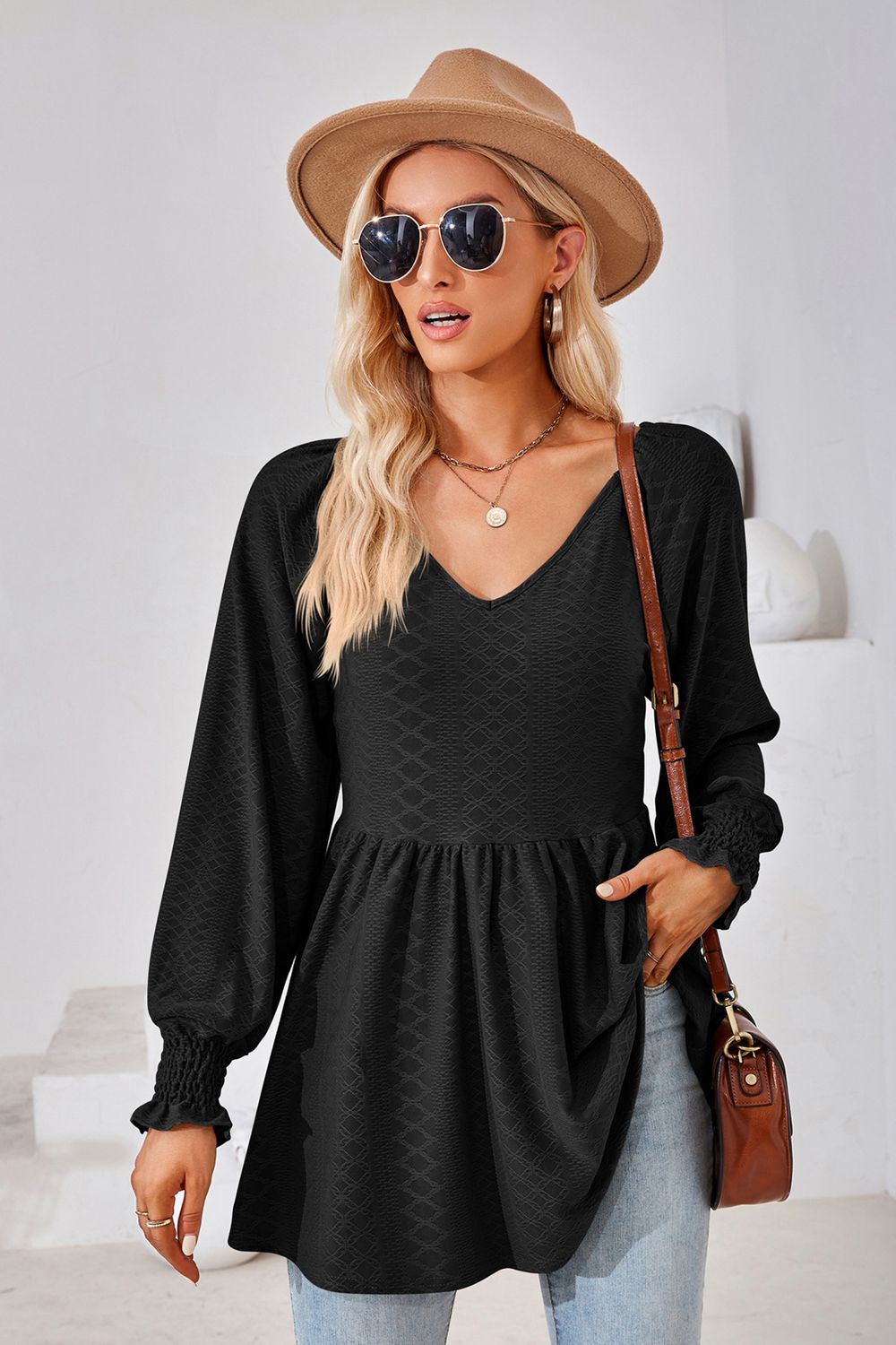 V-Neck Lantern Sleeve Blouse – Trendsi | ClozArt