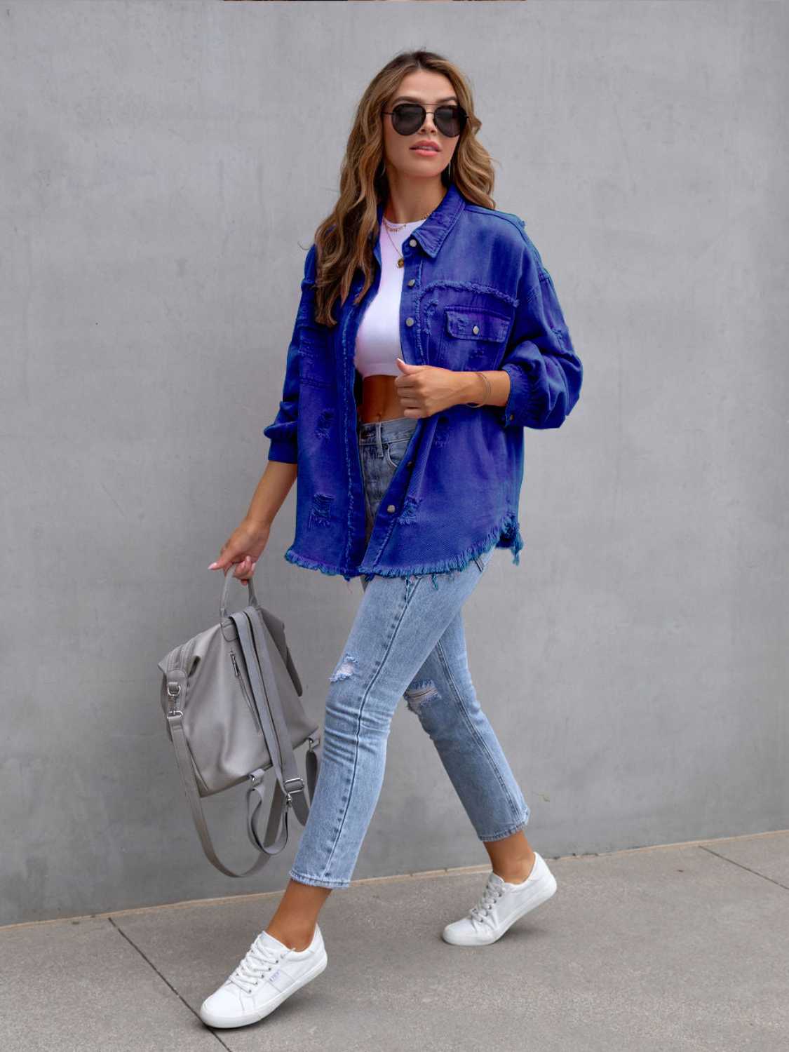 Distressed Drop Shoulder Denim Jacket – Trendsi | ClozArt