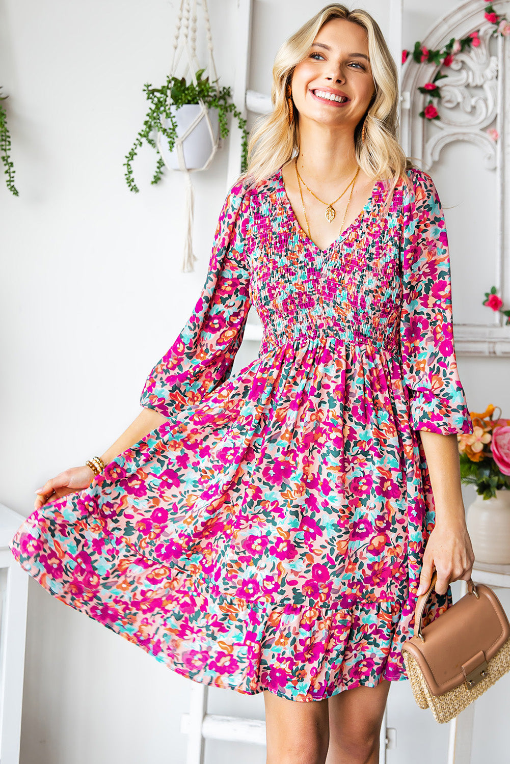 Floral Smocked V-Neck Flounce Sleeve Dress – Trendsi | ClozArt