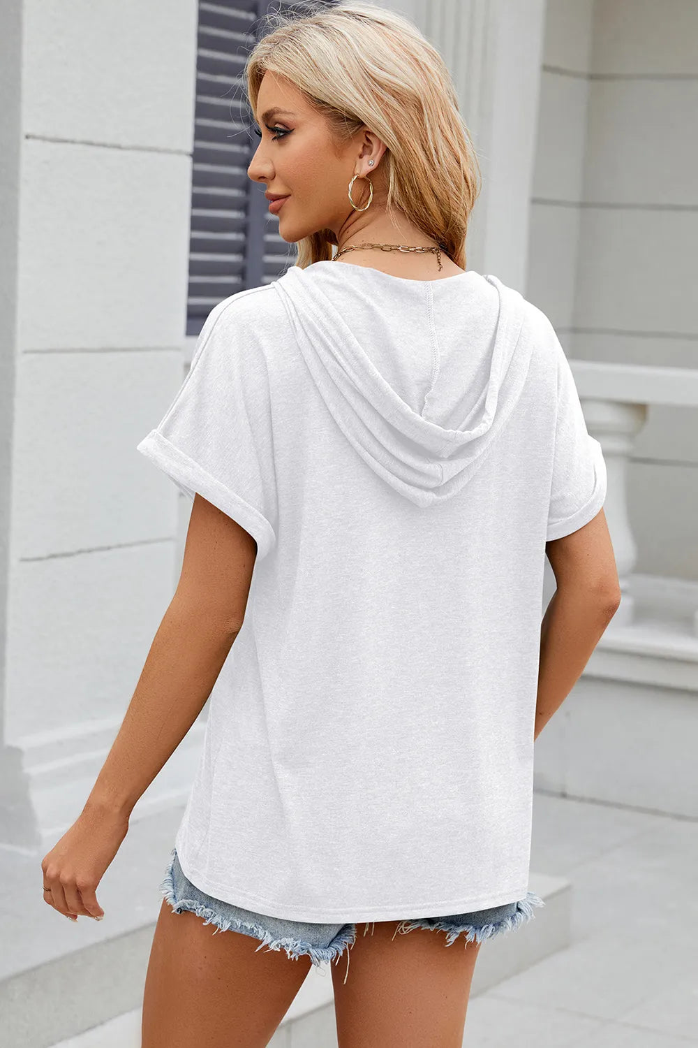 Half Button Drawstring Short Sleeve Hooded T-Shirt – Trendsi | ClozArt