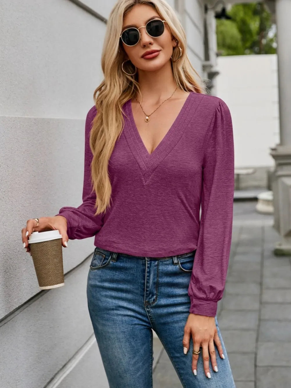 V-Neck Long Sleeve T-Shirt – Trendsi | ClozArt