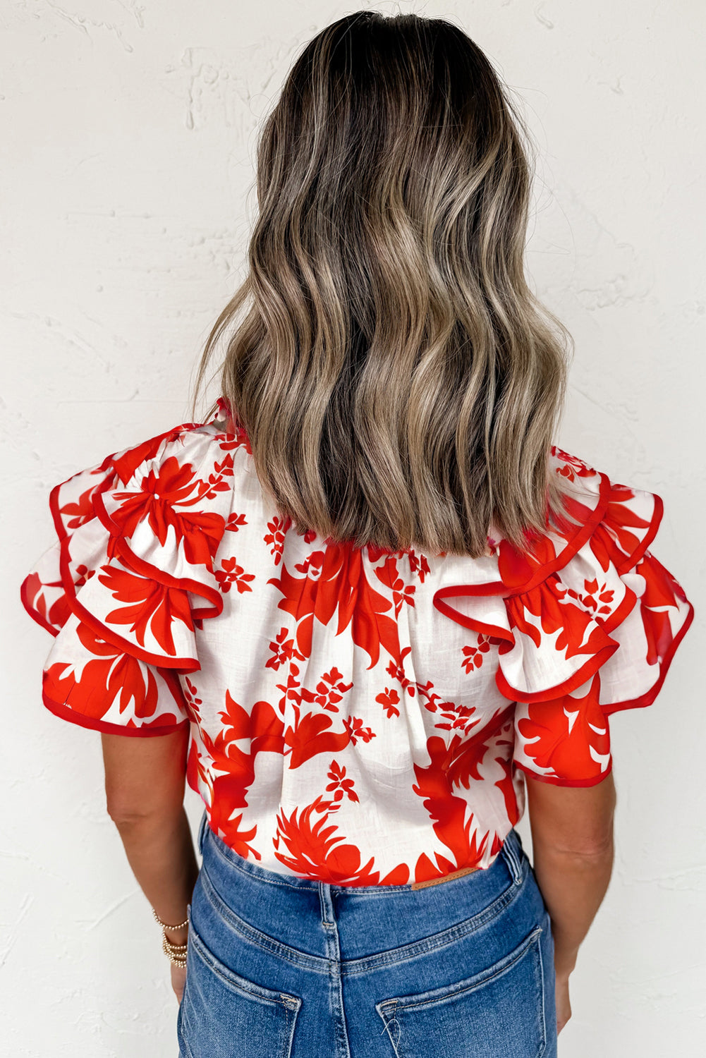 Red Plant Print Tiered Ruffle Sleeve Blouse – Shewin | ClozArt