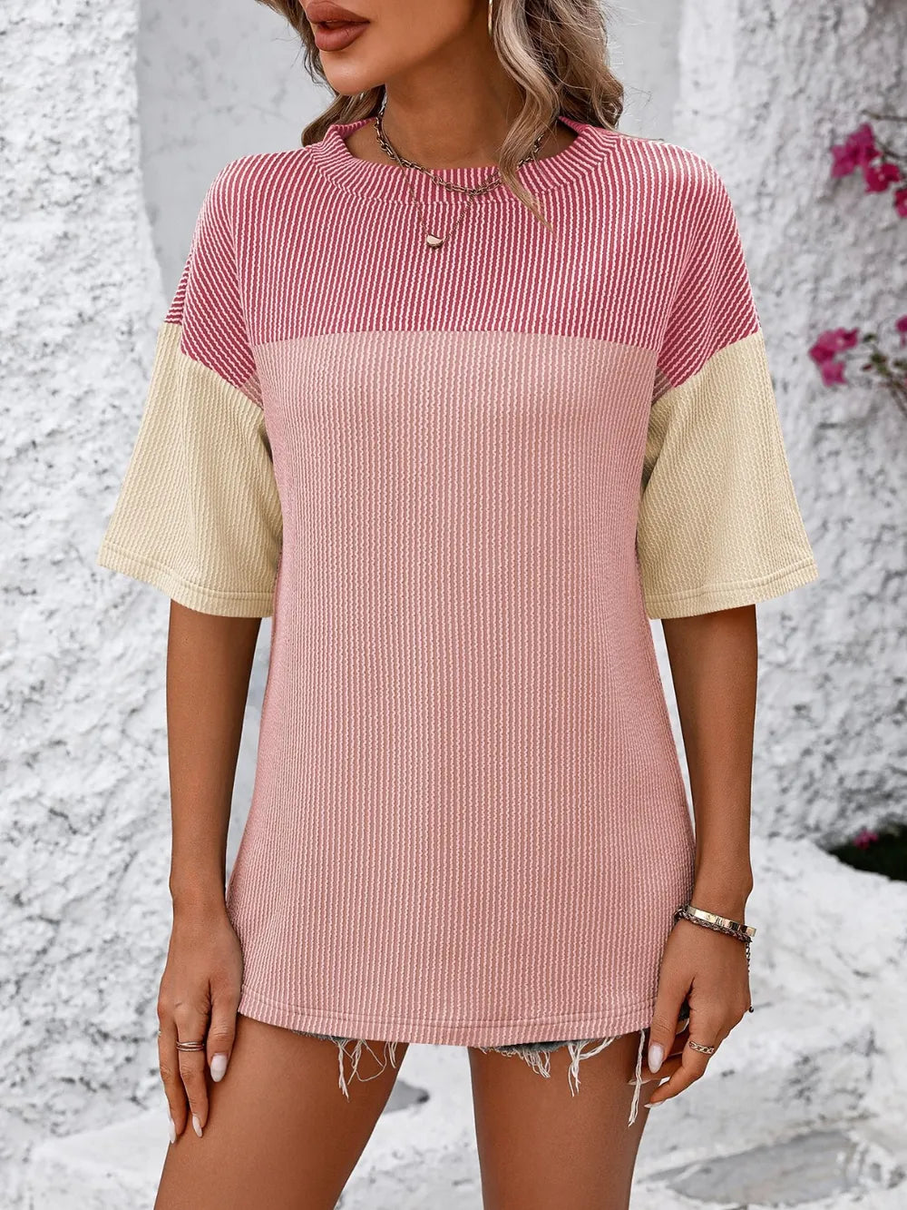 Mandy Color Block Round Neck Half Sleeve T-Shirt – Trendsi | ClozArt