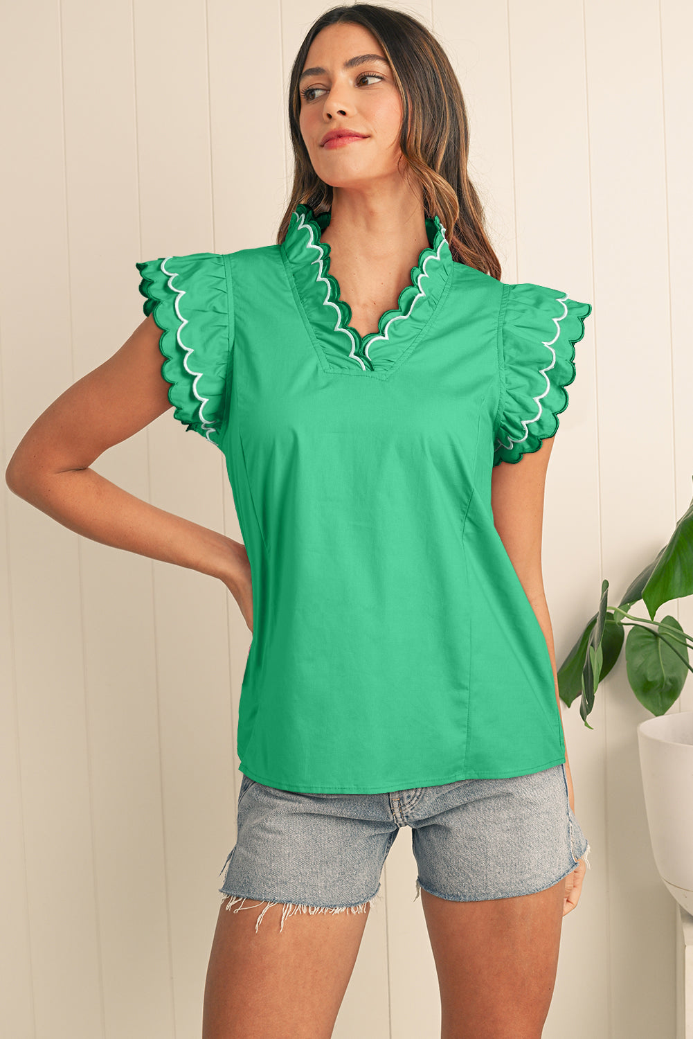 Bright Pink Scallop Trim V Neck Layered Short Sleeve Blouse – Shewin | ClozArt
