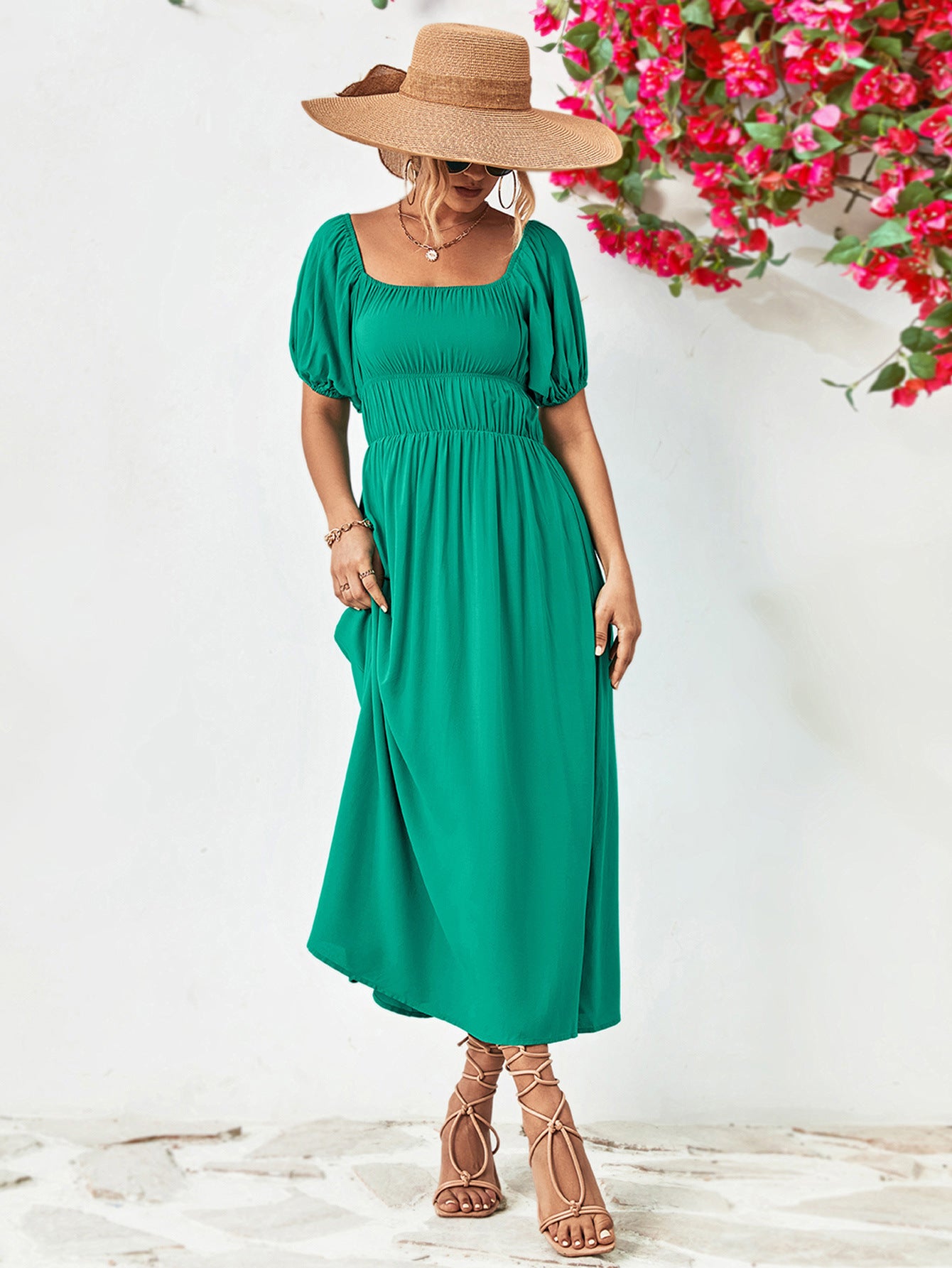Off-Shoulder Balloon Sleeve Midi Dress – Trendsi | ClozArt