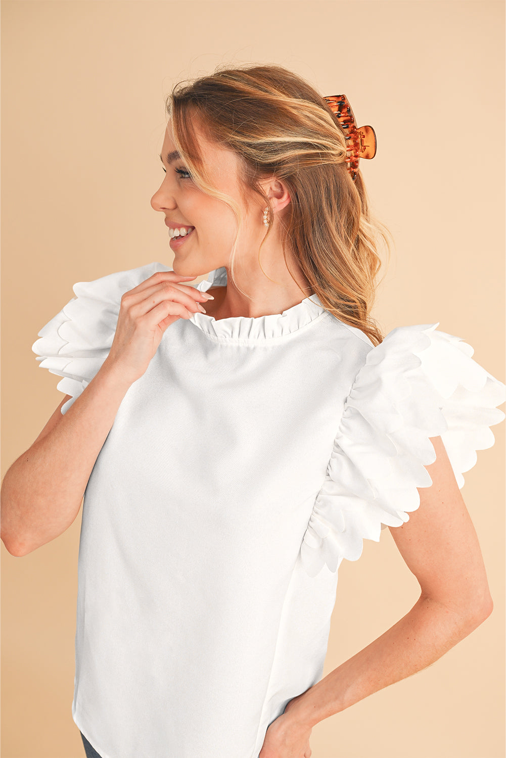 Bright Pink Solid Scalloped Ruffle Sleeve Blouse – Shewin | ClozArt