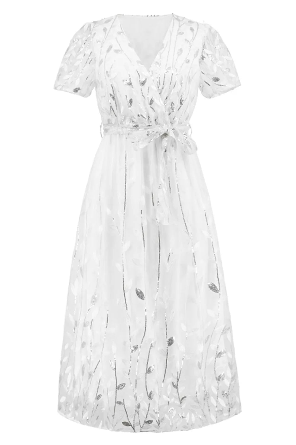 Sequin Leaf Embroidery Tie Front Short Sleeve Dress – Trendsi | ClozArt