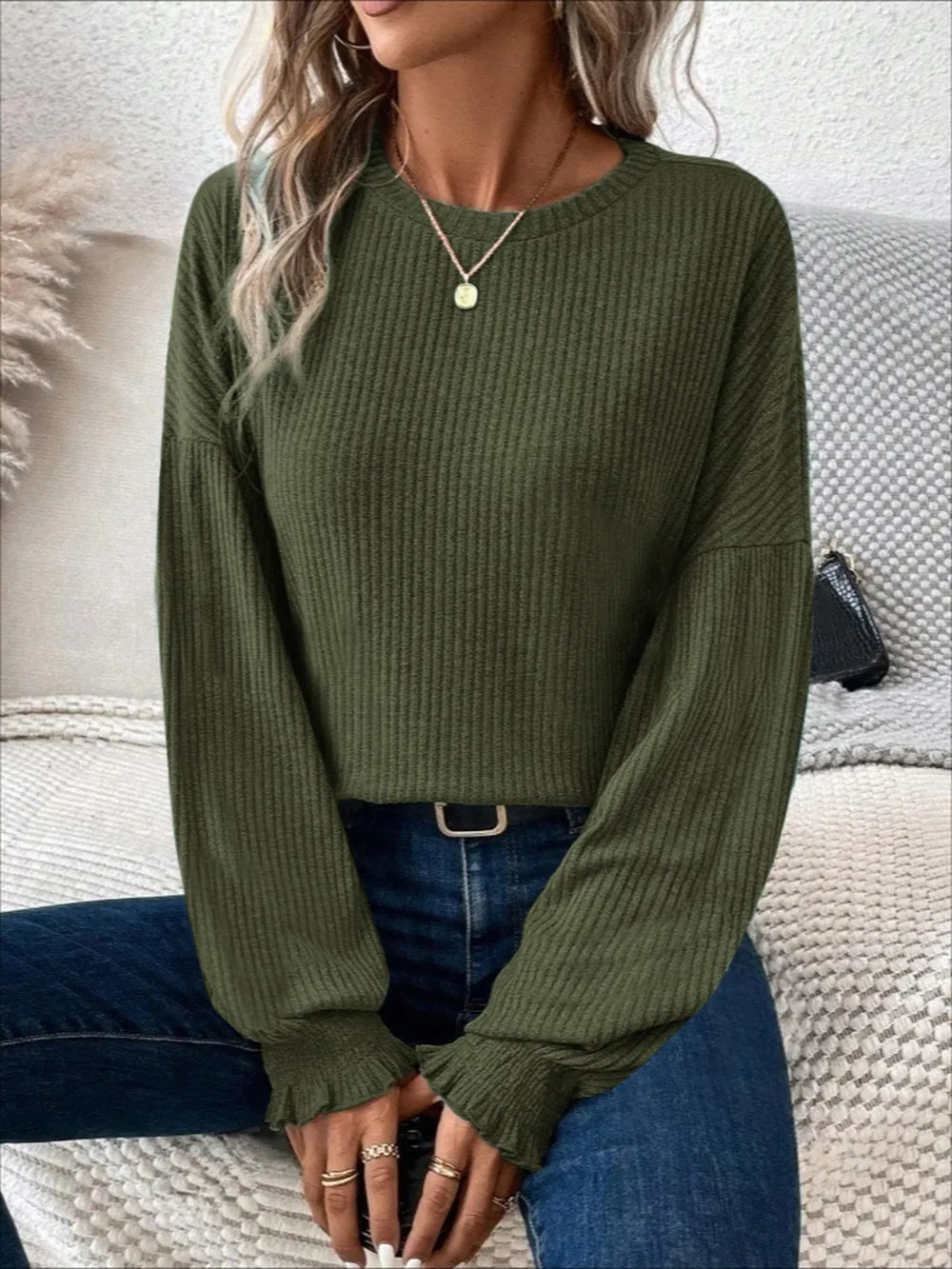 Ribbed Round Neck Lantern Sleeve T-Shirt – Trendsi | ClozArt