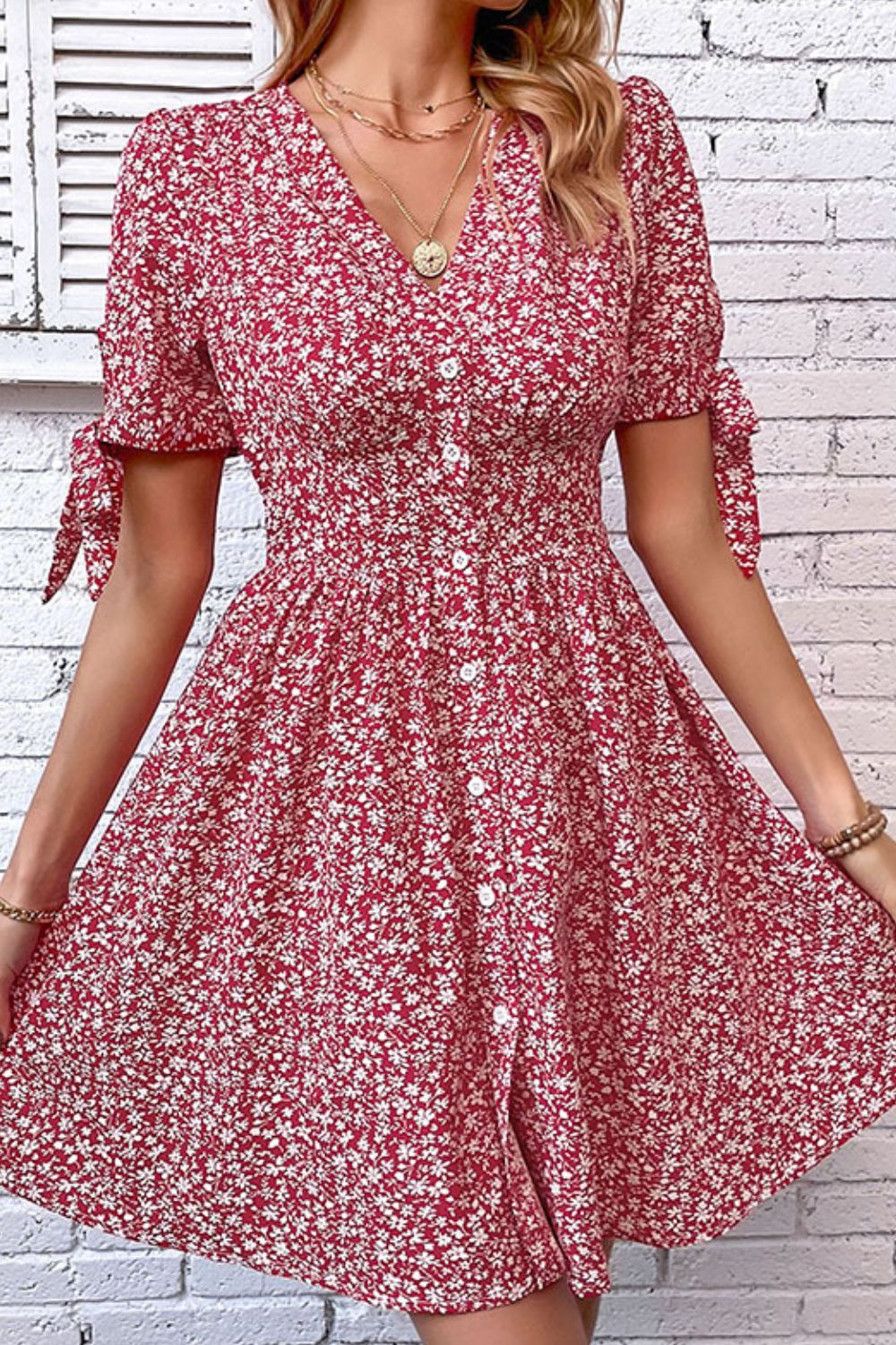 Perfee Ditsy Floral Tied Puff Sleeve Button Front Dress – Trendsi | ClozArt