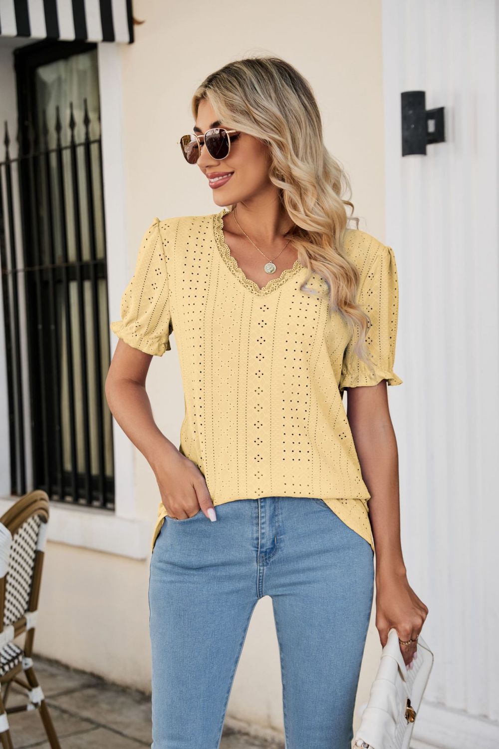Eyelet Flounce Sleeve Scalloped V-Neck Top – Trendsi | ClozArt