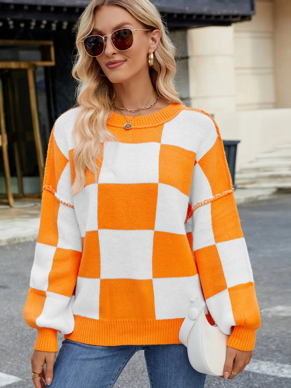 Checkered Round Neck Long Sleeve Sweater – Trendsi | ClozArt
