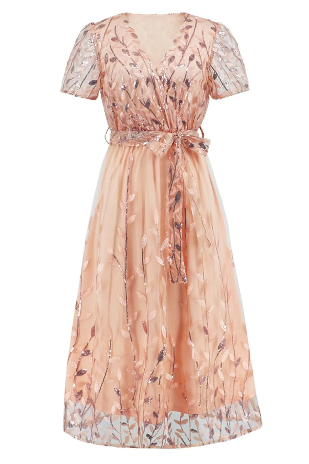 Sequin Leaf Embroidery Tie Front Short Sleeve Dress – Trendsi | ClozArt