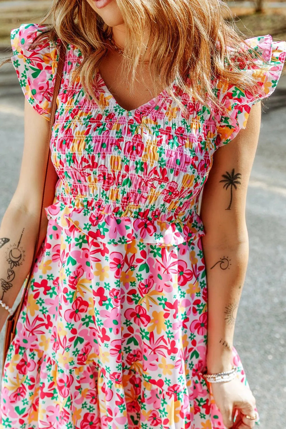 Smocked Floral V-Neck Ruffled Cap Sleeve Dress – Trendsi | ClozArt
