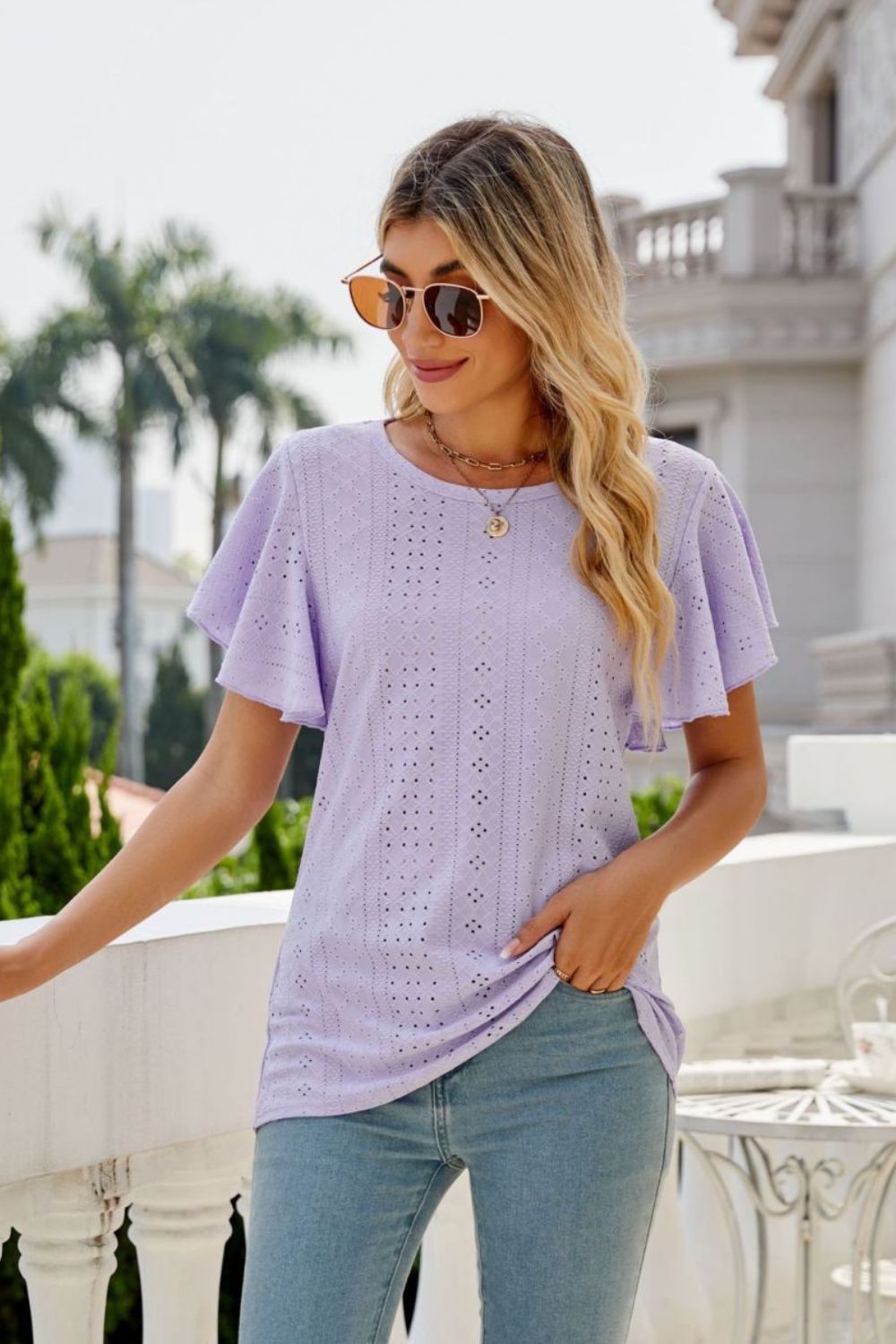 Eyelet Flutter Sleeve Round Neck Top – Trendsi | ClozArt