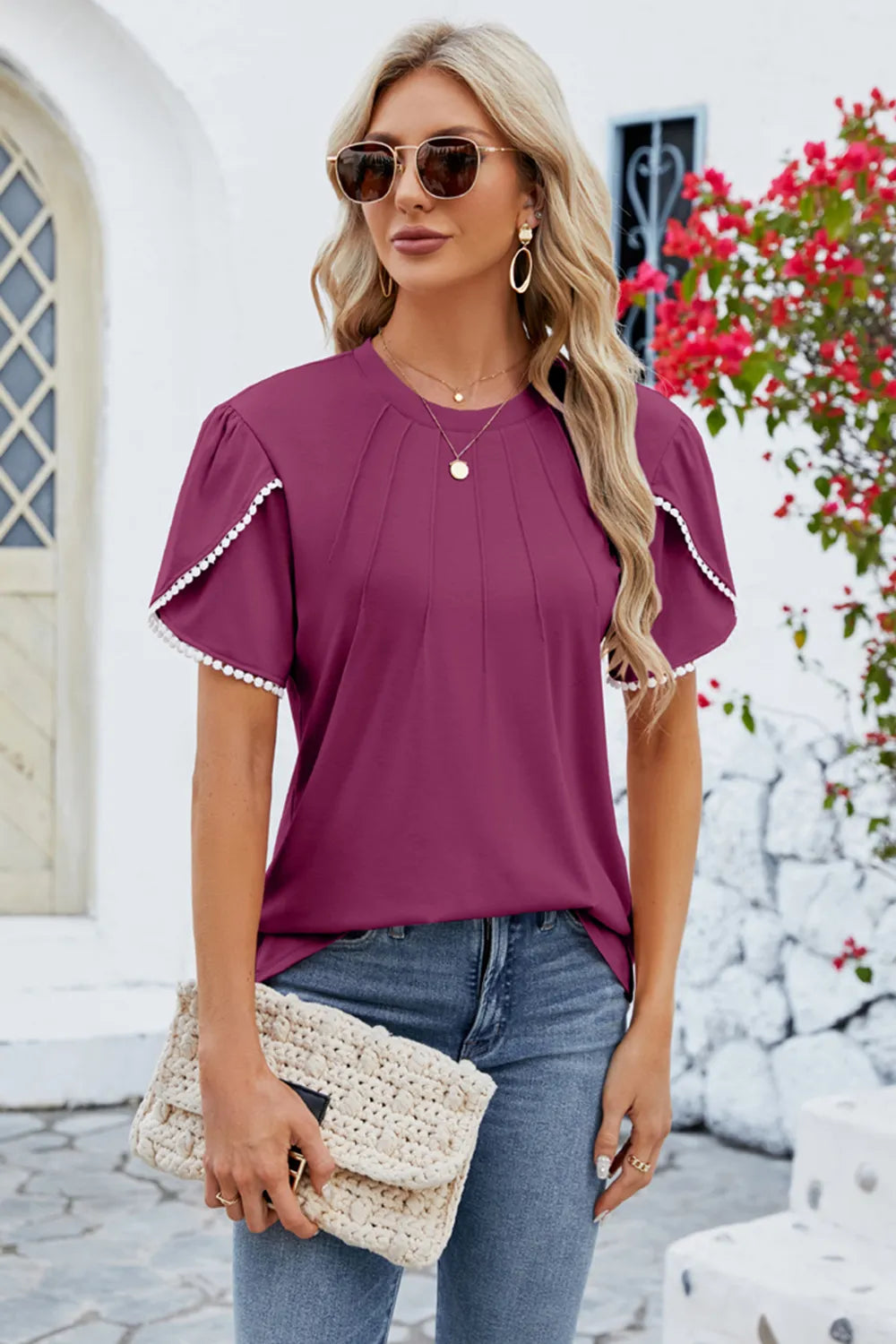 Round Neck Petal Sleeve T-Shirt – Trendsi | ClozArt