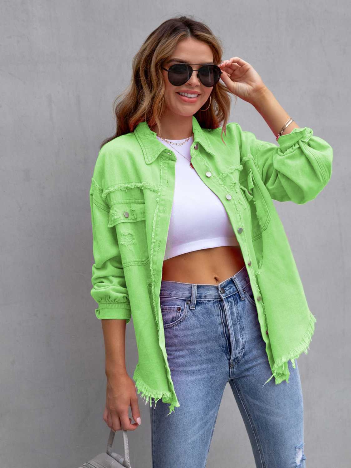 Distressed Drop Shoulder Denim Jacket – Trendsi | ClozArt
