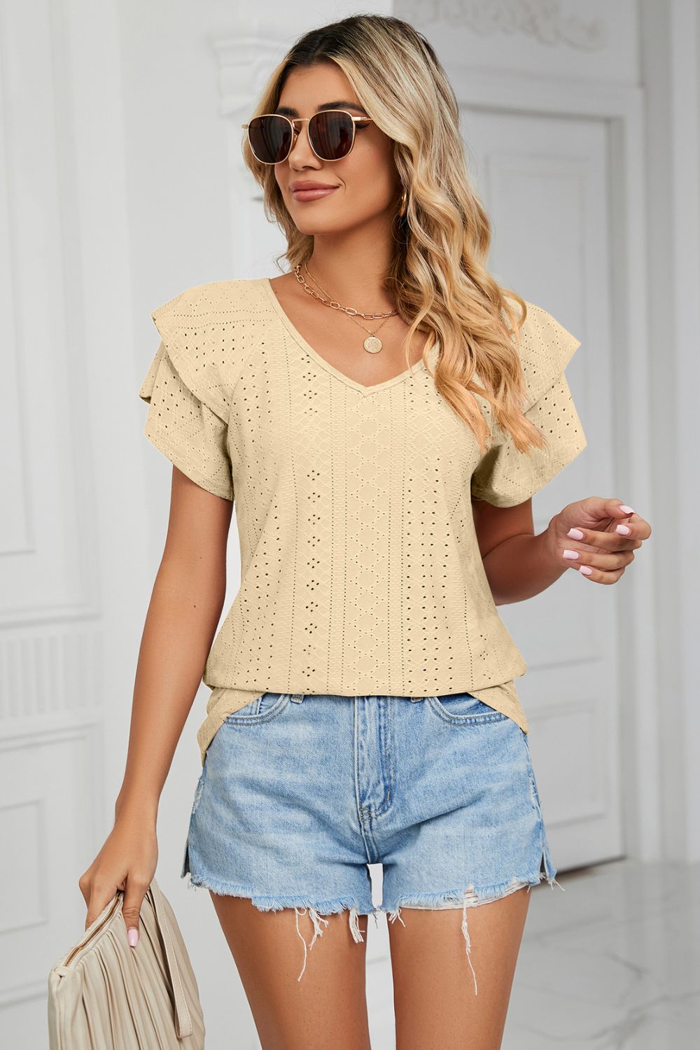Eyelet Layered Flutter Sleeve V-Neck Knit Top – Trendsi | ClozArt