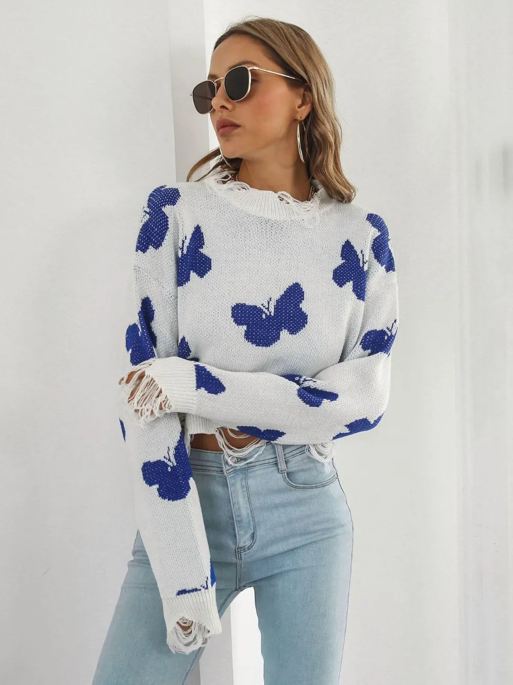 Distressed Butterfly Cropped Sweater – Trendsi | ClozArt