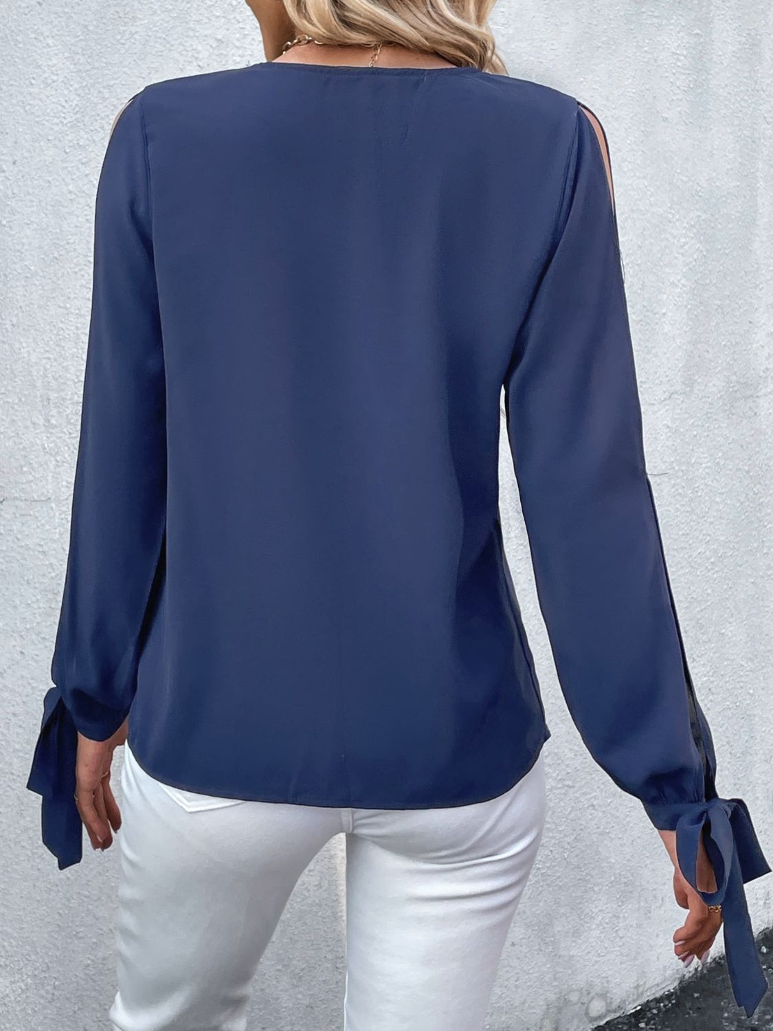 Perfee V-Neck Tie Cuff Slit Blouse – Trendsi | ClozArt