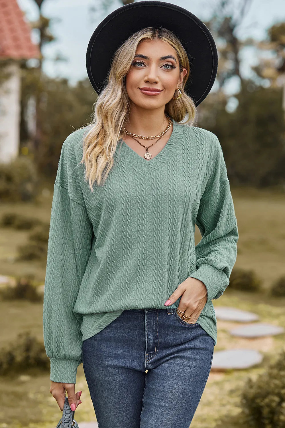 Textured V-Neck Dropped Shoulder T-Shirt – Trendsi | ClozArt
