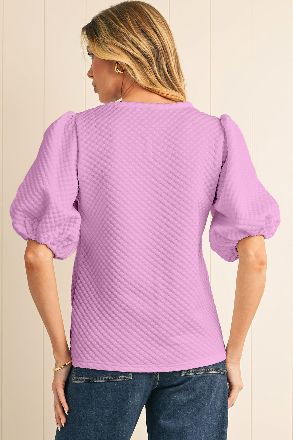 White Solid Textured O Neck Puff Sleeve Blouse – Shewin | ClozArt