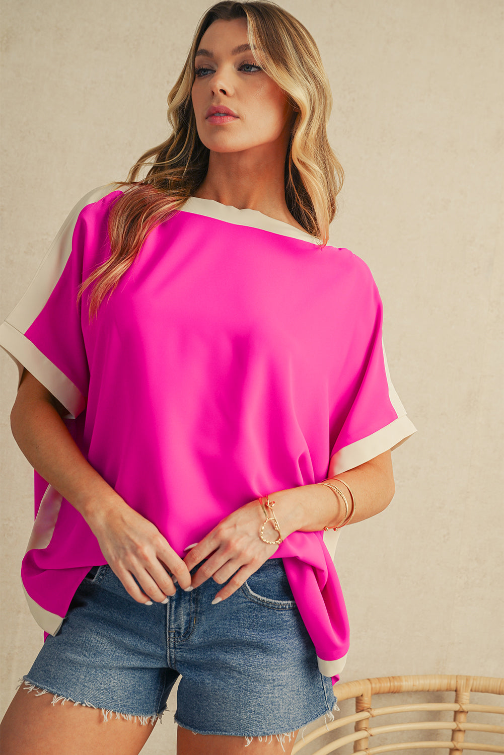 Green Colorblock Batwing Sleeve Boat Neck Blouse – Shewin | ClozArt