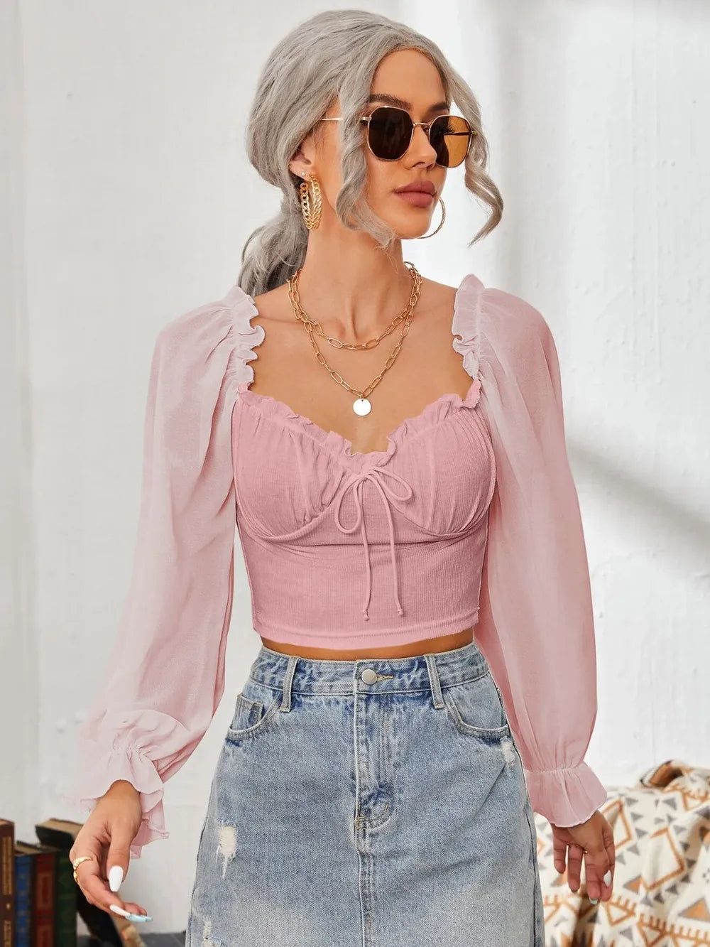 Mesh Sweetheart Neck Flounce Sleeve Top – Trendsi | ClozArt