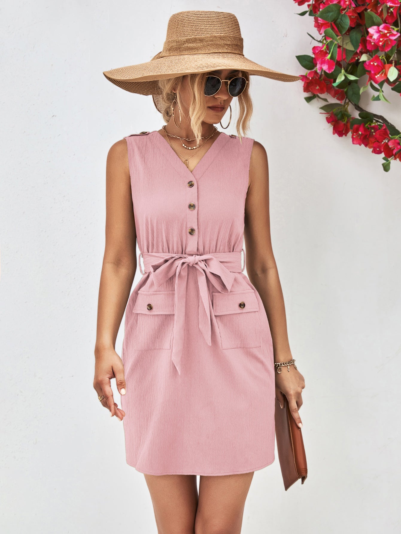 Buttoned V-Neck Belted Sleeveless Dress – Trendsi | ClozArt