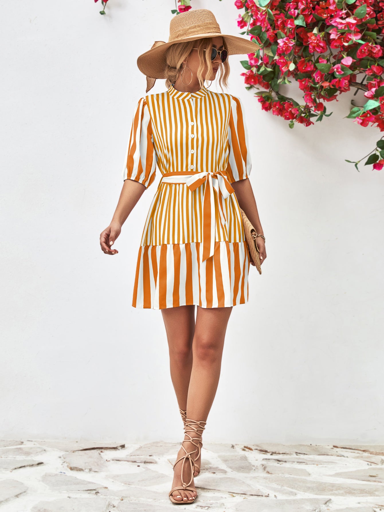 Striped Half Sleeve Tie Waist Mini Dress – Trendsi | ClozArt