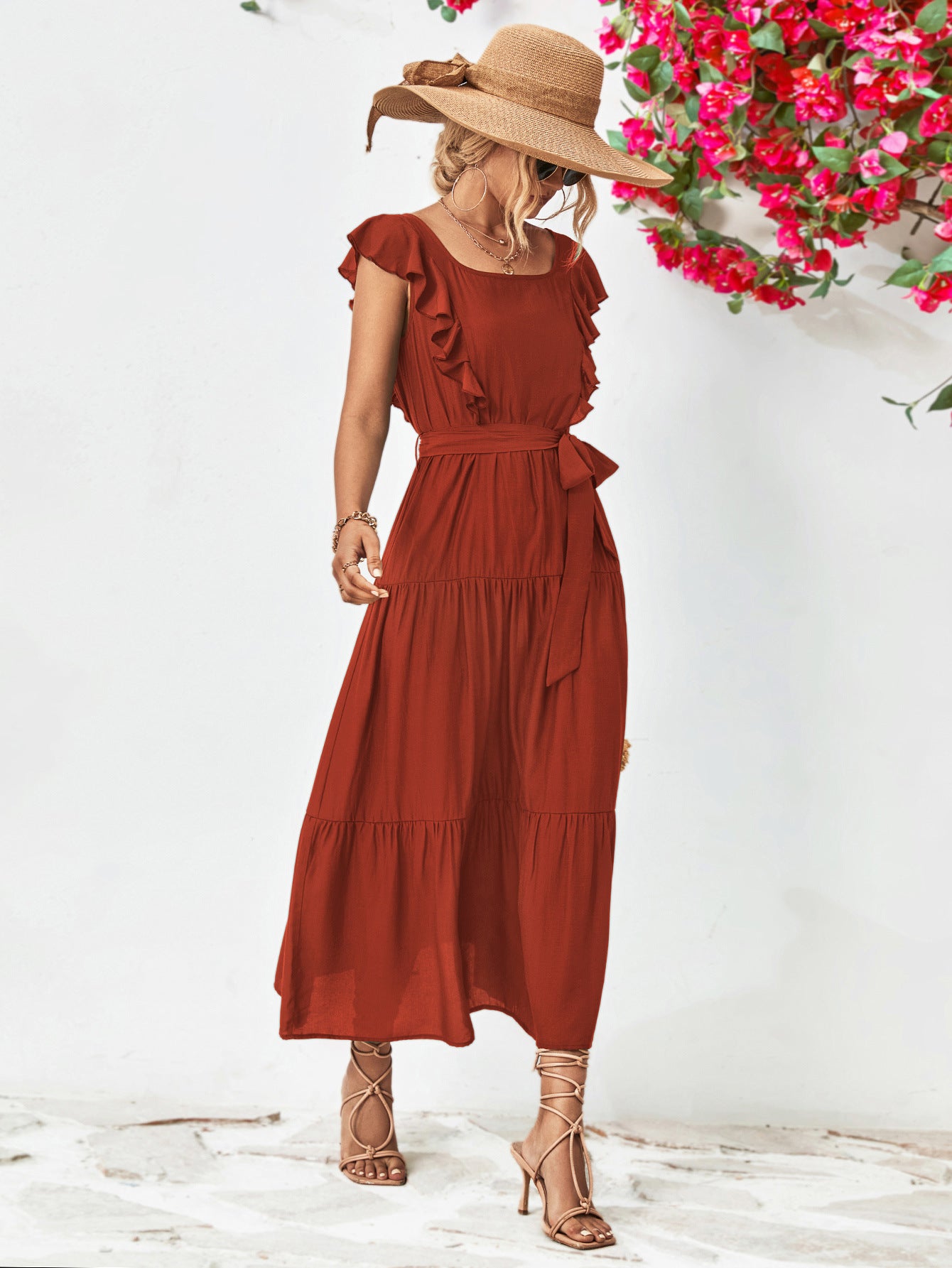 Tie Belt Ruffled Tiered Dress – Trendsi | ClozArt
