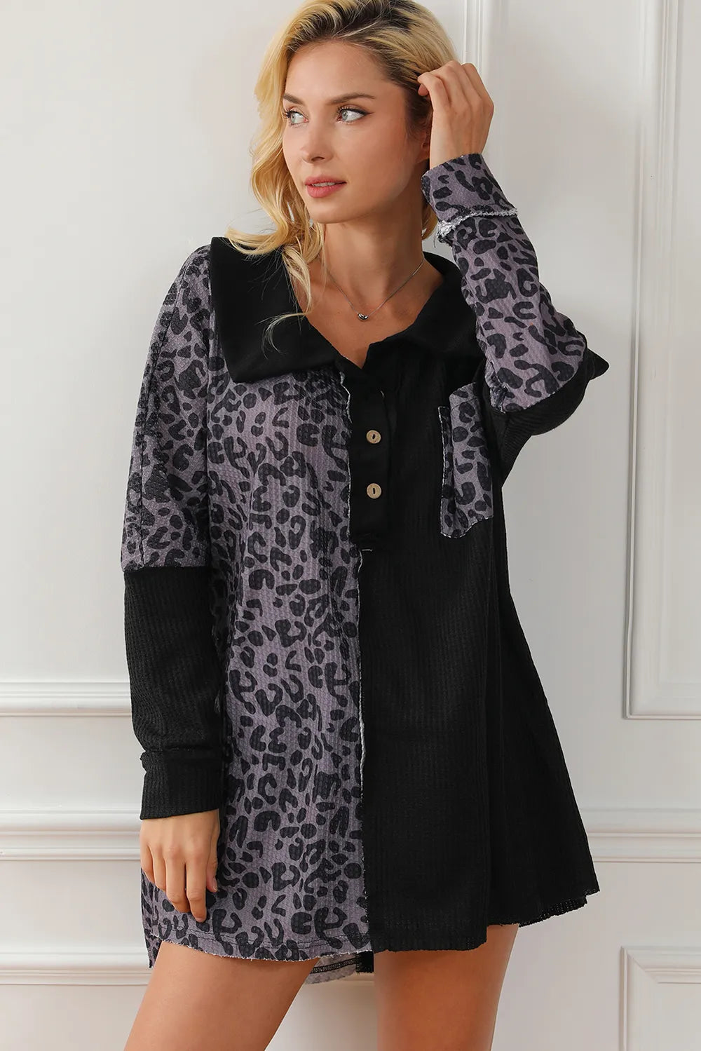 Half Button Leopard Collared Neck Blouse – Trendsi | ClozArt