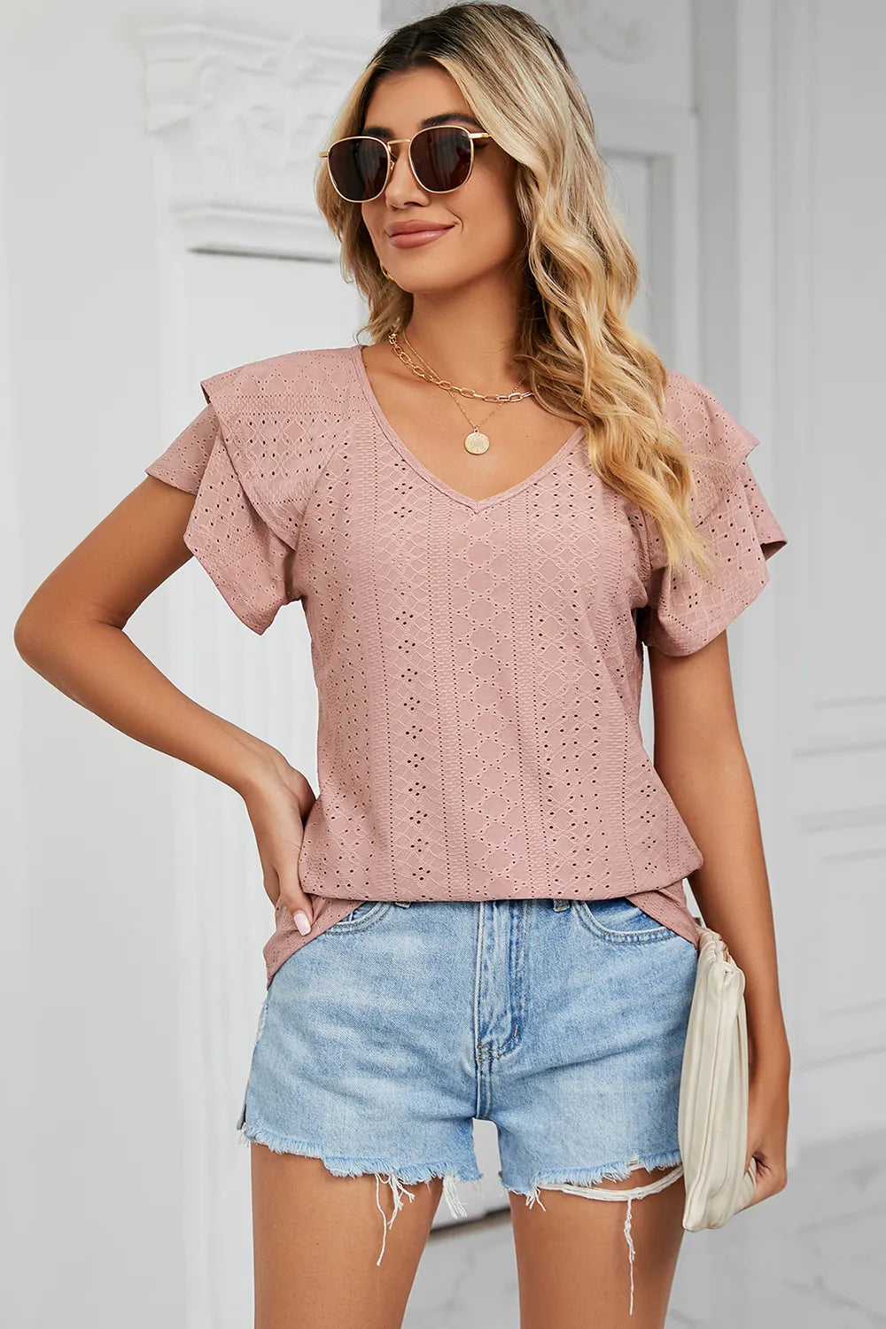 Eyelet V-Neck Short Sleeve T-Shirt – Trendsi | ClozArt