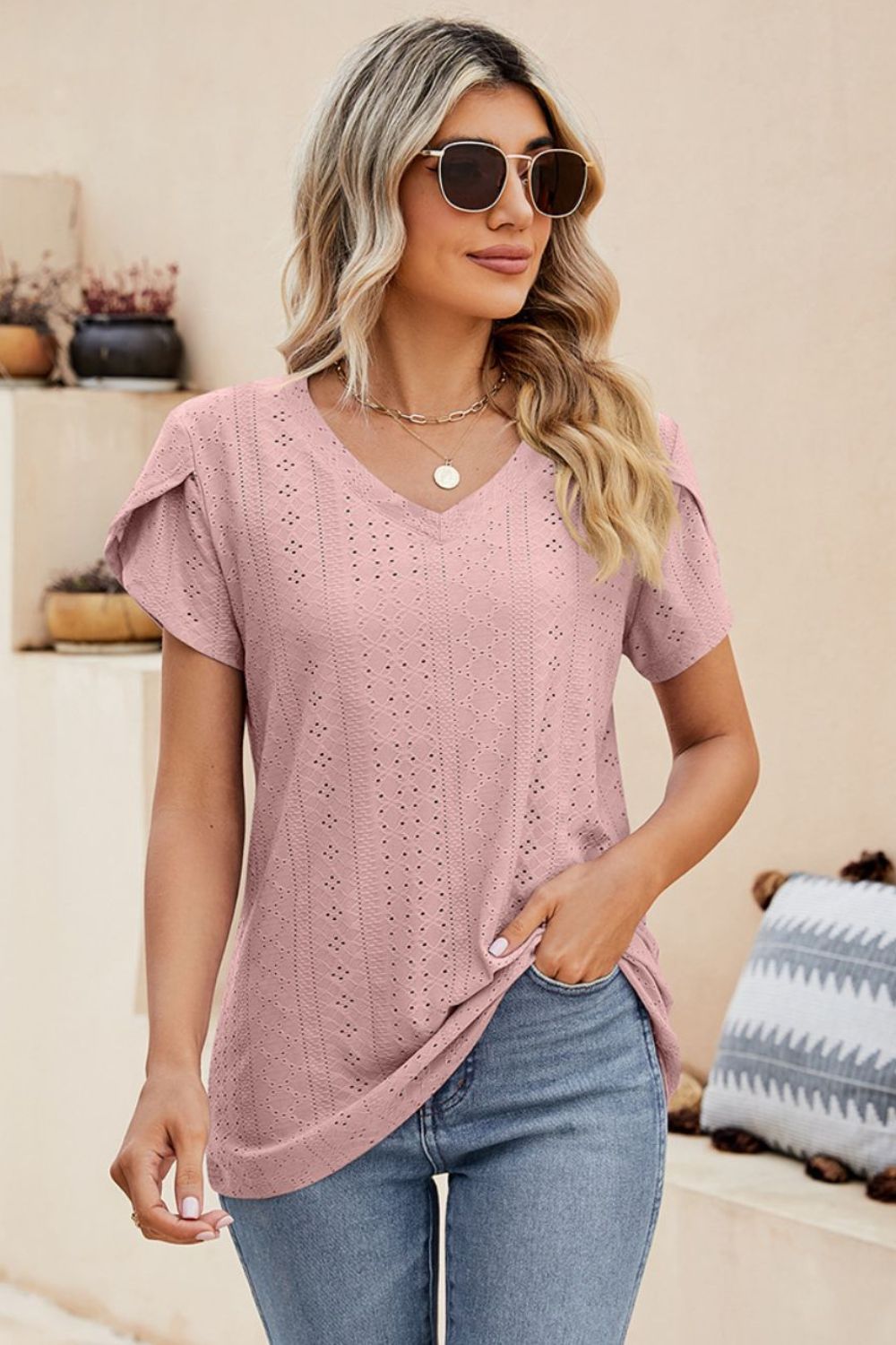 Eyelet Petal Sleeve V-Neck Knit Top – Trendsi | ClozArt