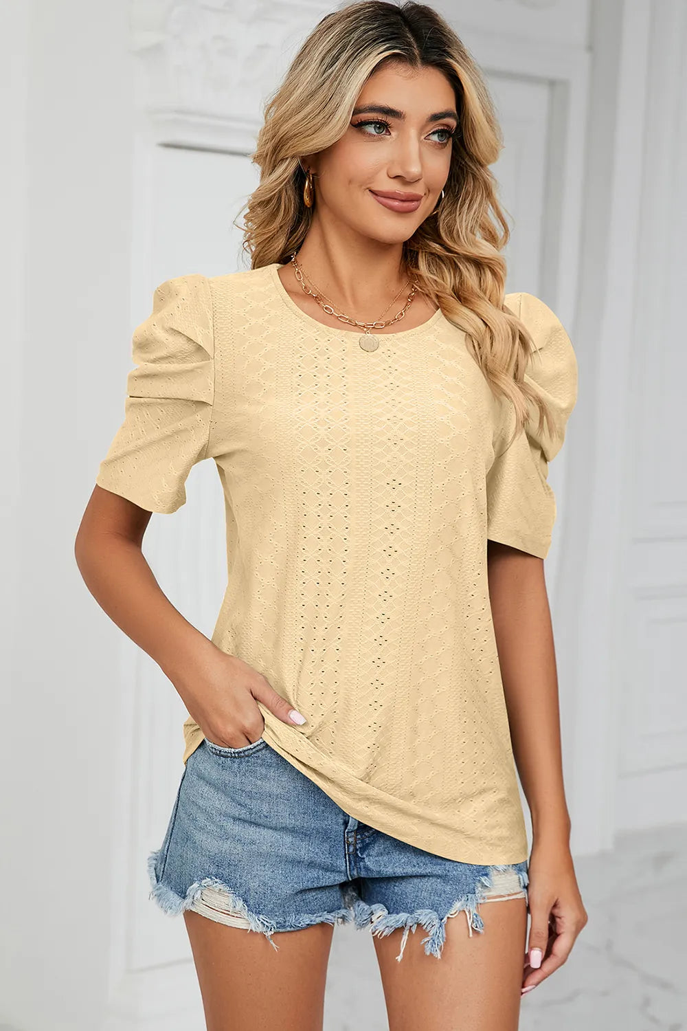 Eyelet Round Neck Puff Sleeve T-Shirt – Trendsi | ClozArt