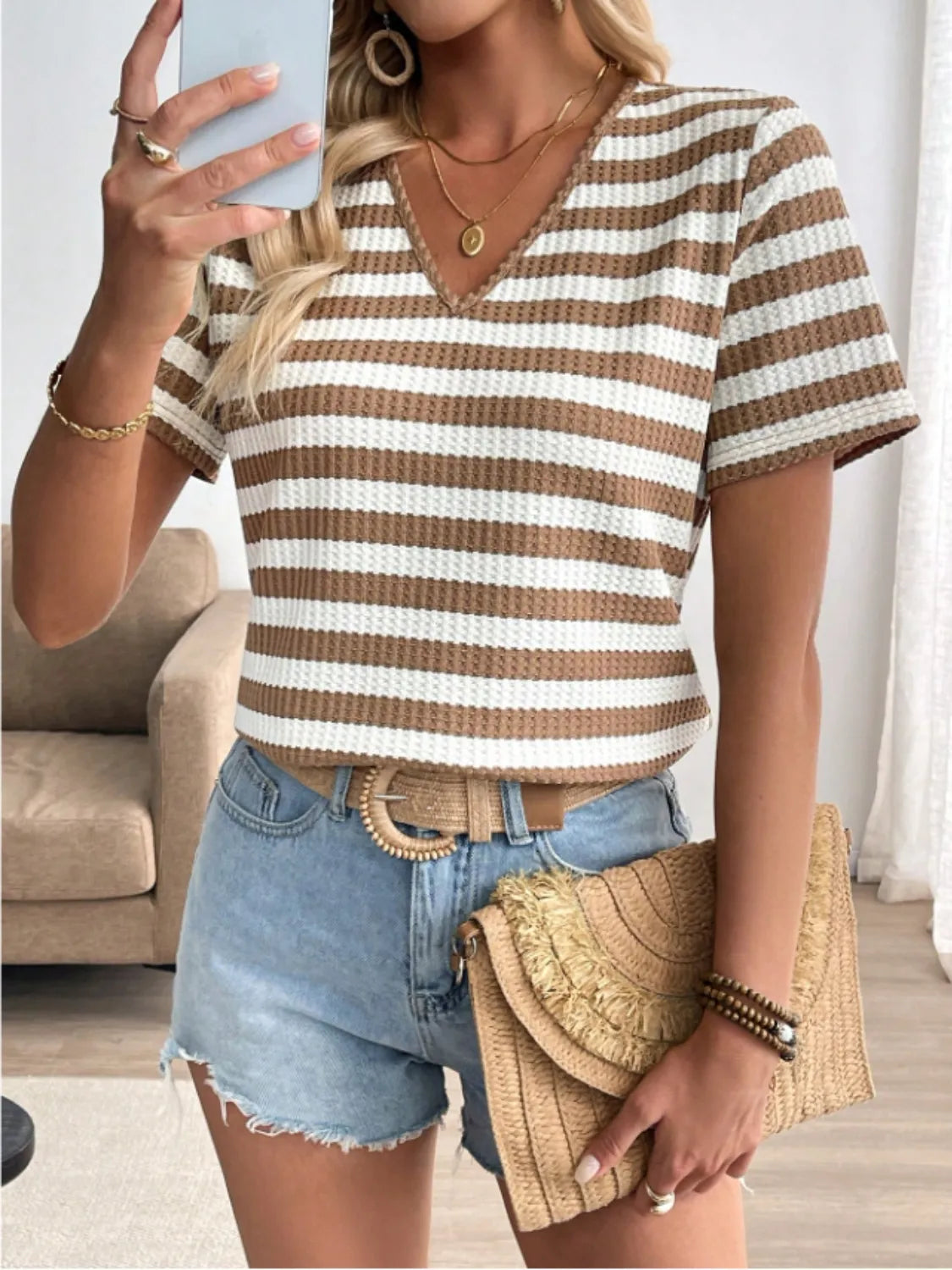 Striped V-Neck Short Sleeve T-Shirt – Trendsi | ClozArt