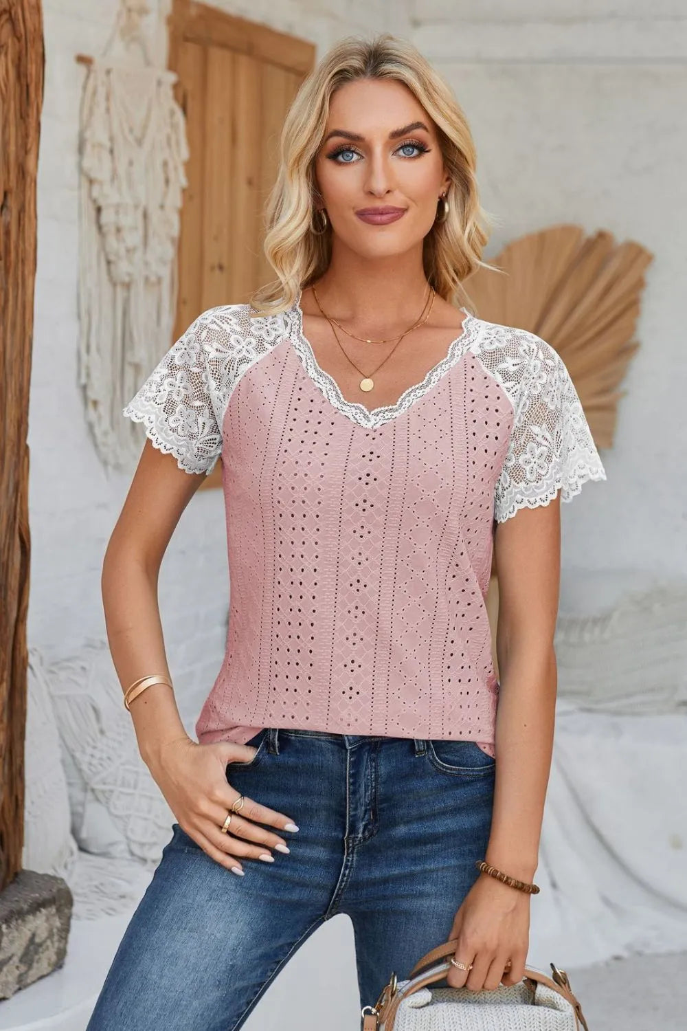 Eyelet V-Neck Lace Short Sleeve T-Shirt – Trendsi | ClozArt