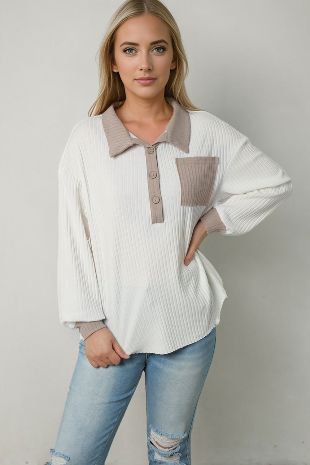 Contrast Collared Neck Top – Trendsi | ClozArt