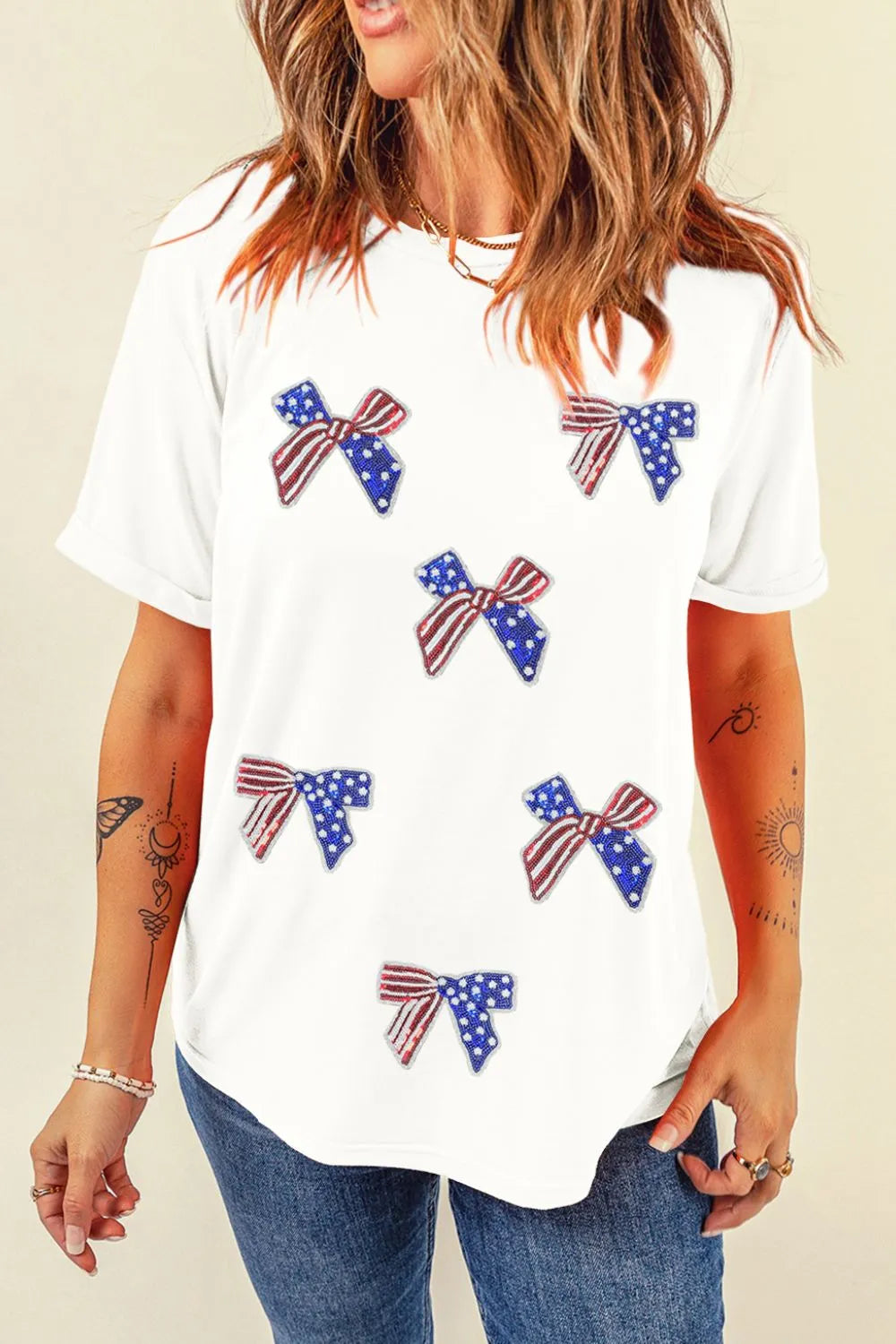 Sequin Flag Bow Pattern Crew Neck Patriotic Tee – Trendsi | ClozArt