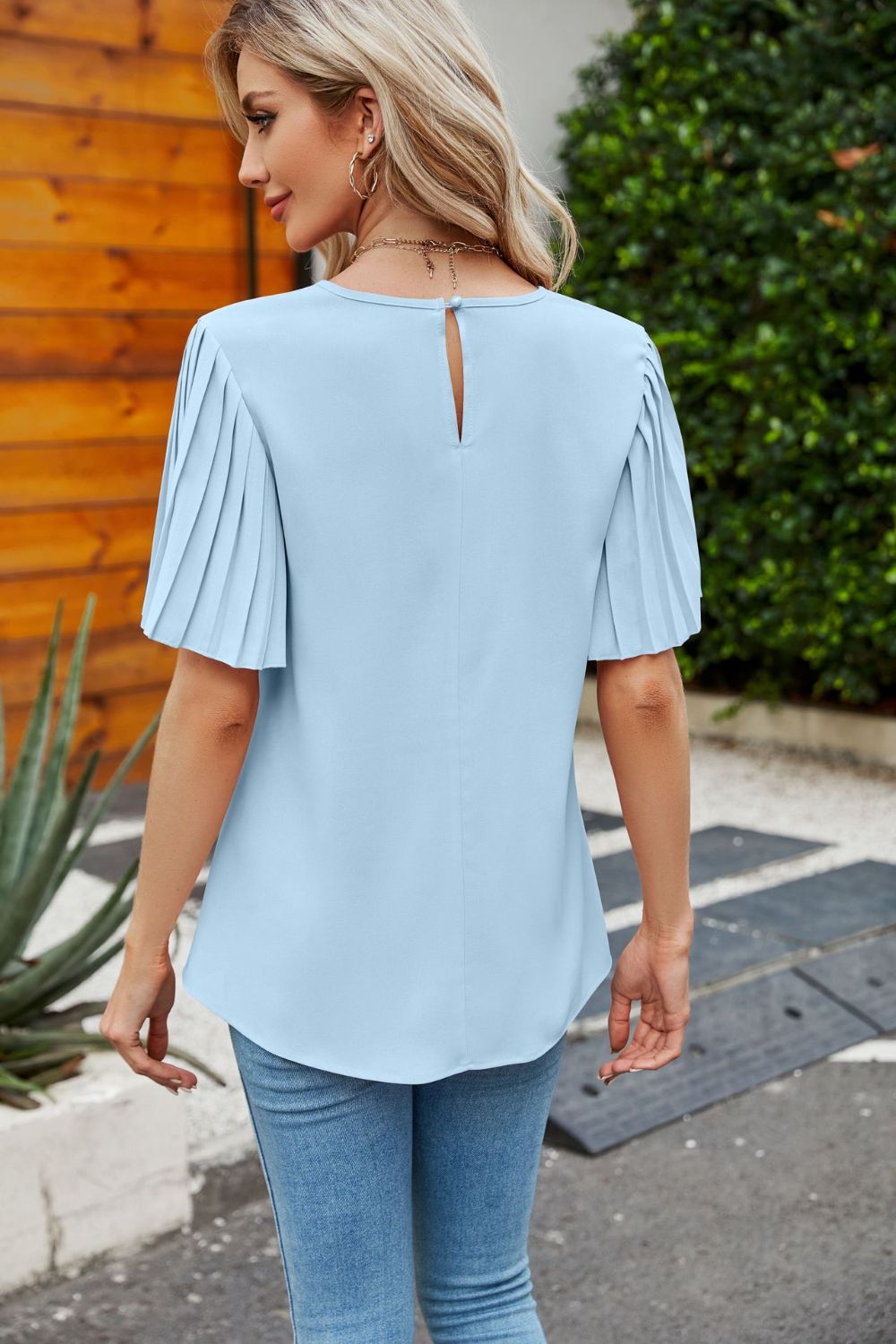 Pleated Flutter Sleeve Round Neck Blouse – Trendsi | ClozArt