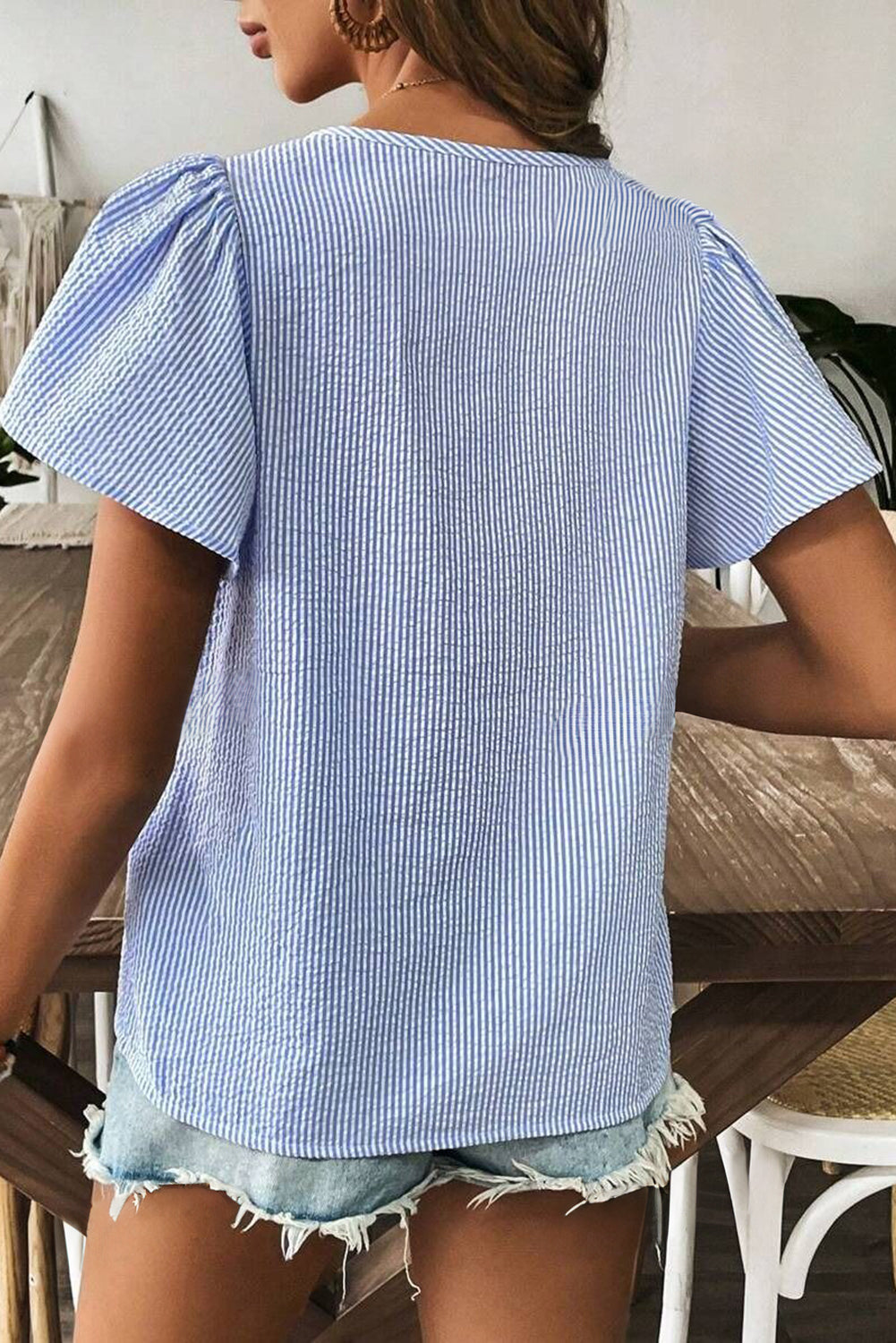 Sky Blue Striped Crochet Applique Boho Blouse – Shewin | ClozArt