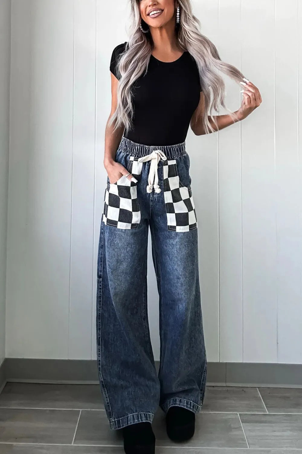 Checkered Wide Leg Jeans – Trendsi | ClozArt