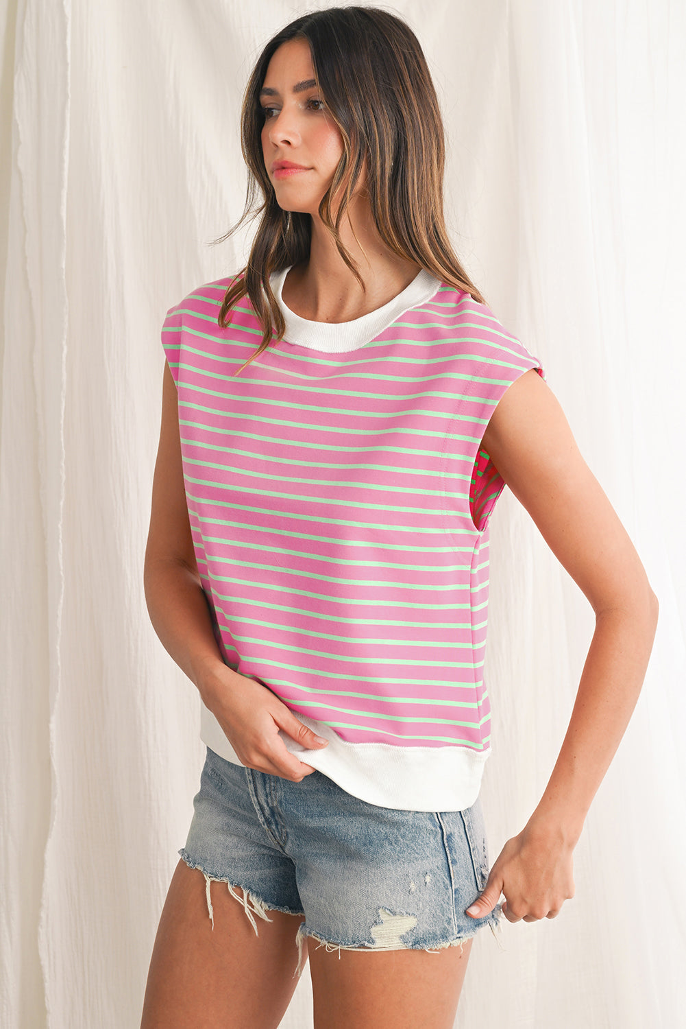 Sachet Pink Striped Contrast Trim Top – Shewin | ClozArt