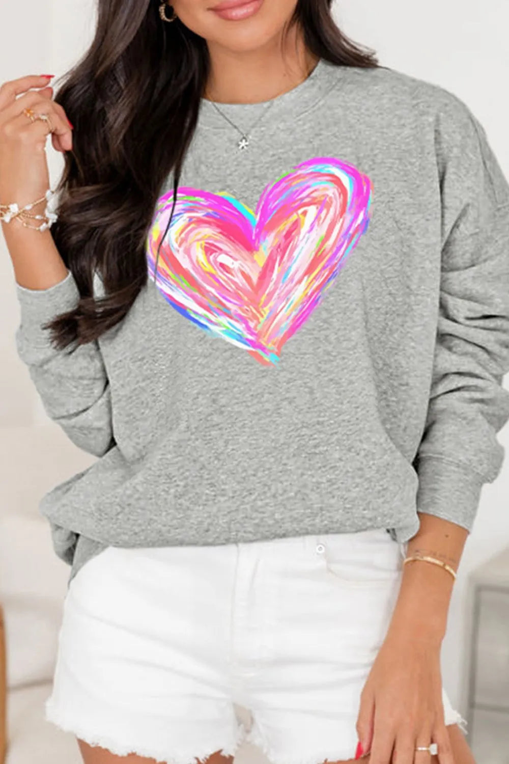 Valentine’s Day Heart Round Neck Drop Shoulder Sweatshirt – Trendsi | ClozArt